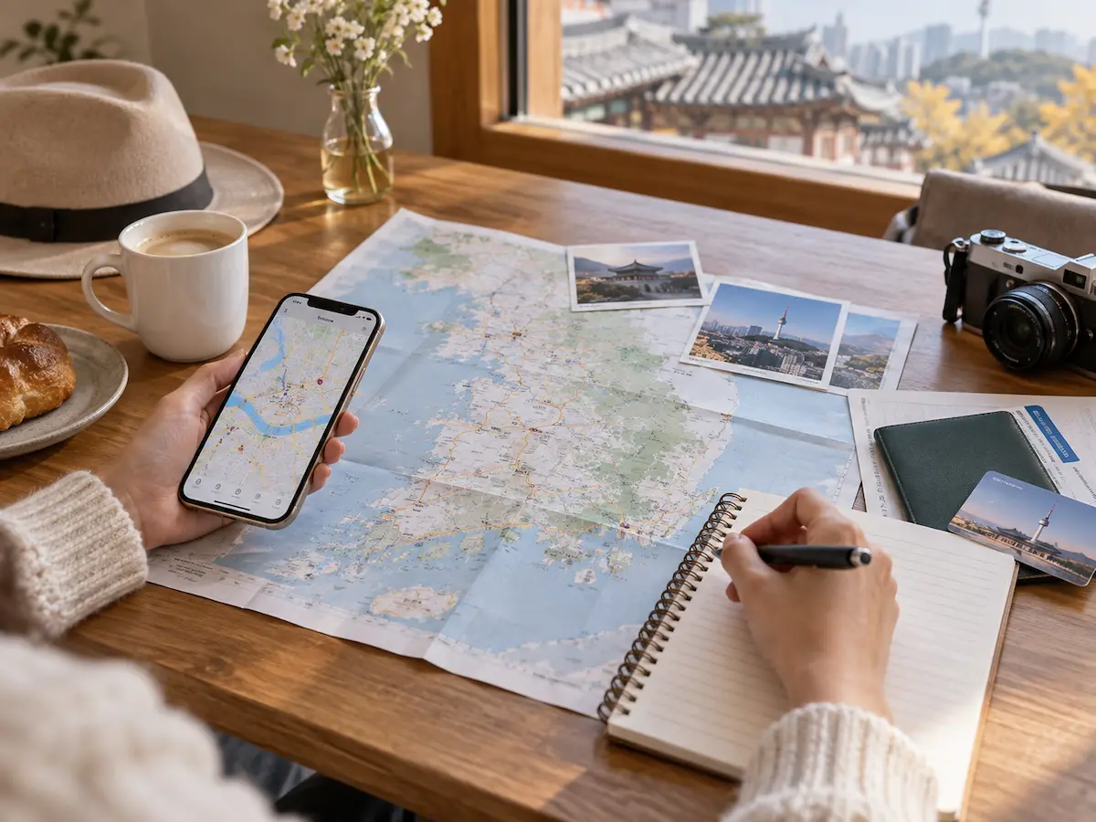 Traveller planning a trip to South Korea with a map and smartphone