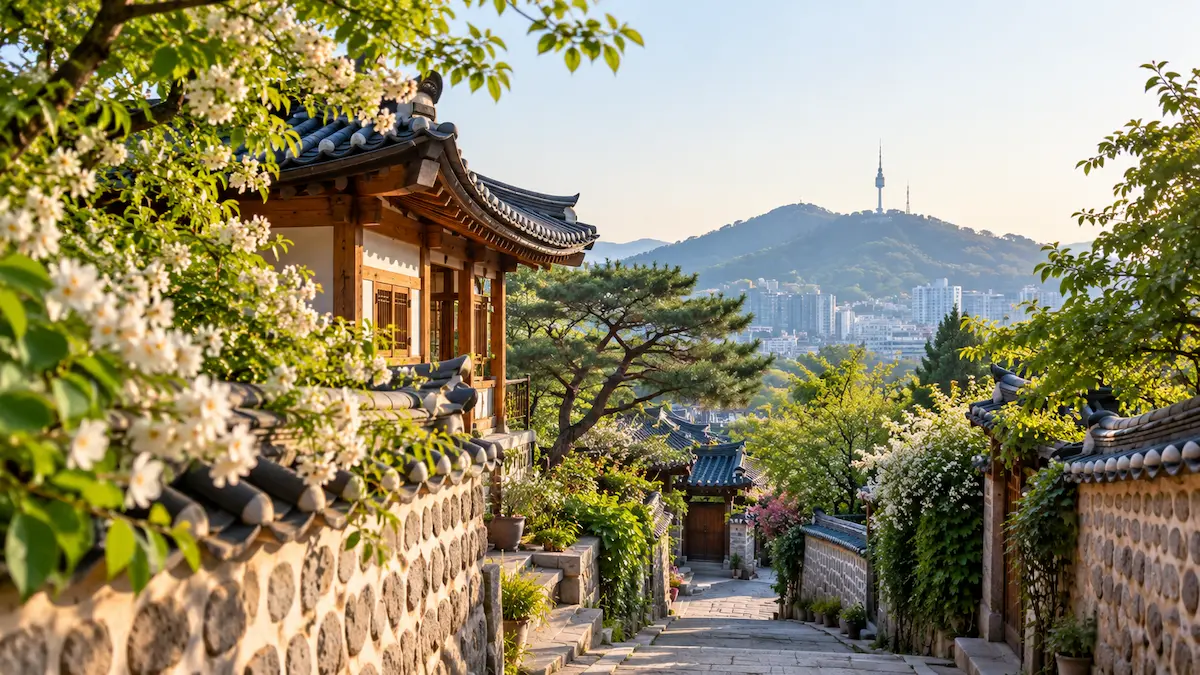 Quiet Seoul hanok street with N Seoul Tower and spring greenery
