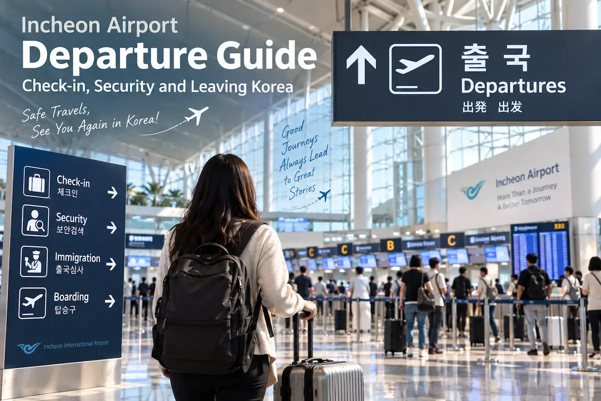 Incheon Airport departure hall with traveler, check-in counters and departure signs