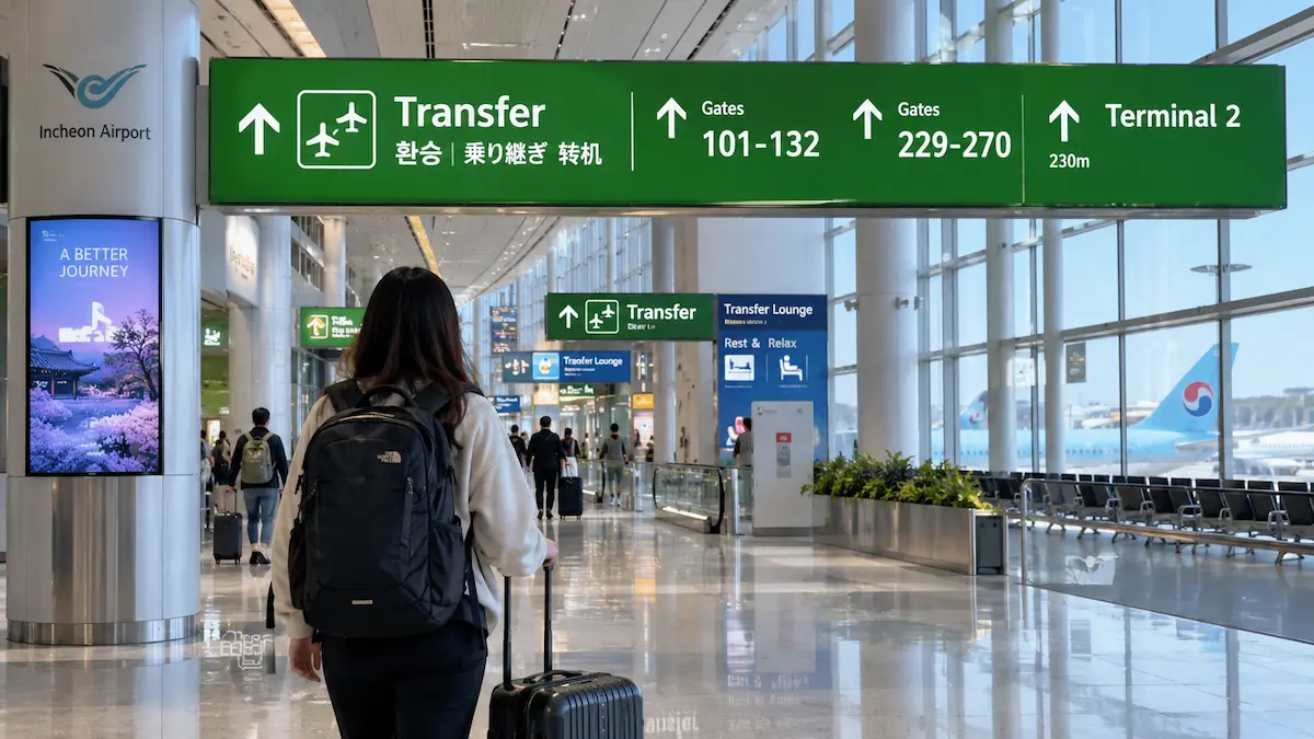 Incheon Airport transfer area with traveler following green transfer signs