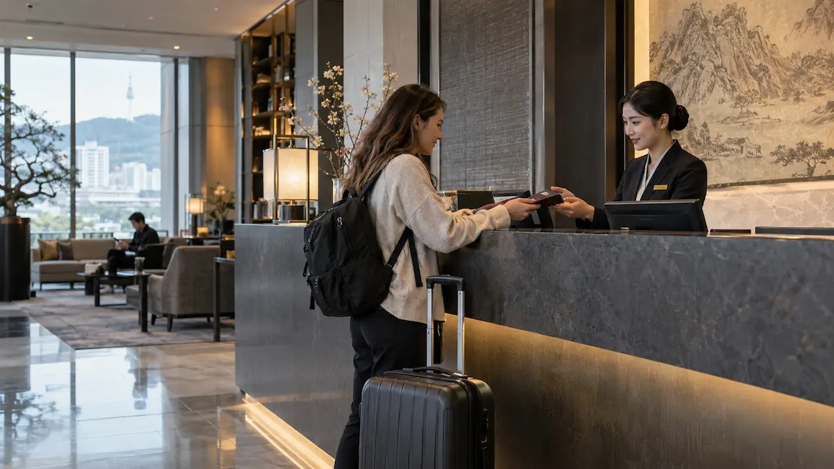 Hotel check-in in Korea with traveler showing passport at reception