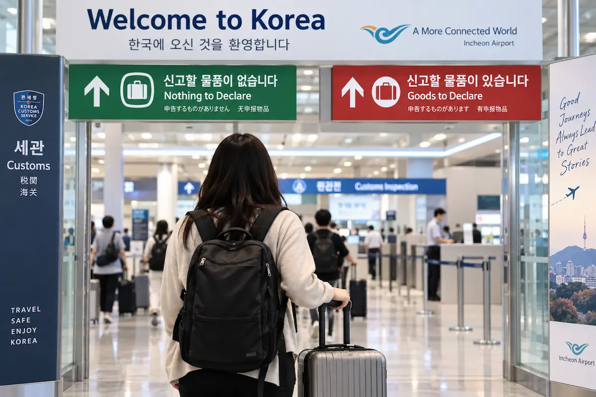 Korea customs area at Incheon Airport with Goods to Declare and Nothing to Declare signs